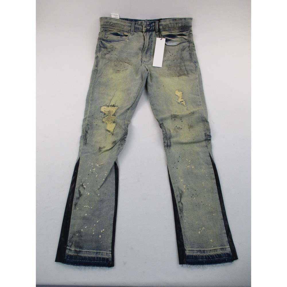 First Row Jeans Mens 34 Blue Distressed Stacked Faux Leather Panel